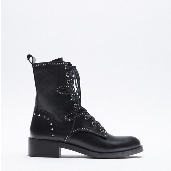 NWT Zara Studded Low-Heeled Leather Boots Size 6.5 - Picture 1 of 6